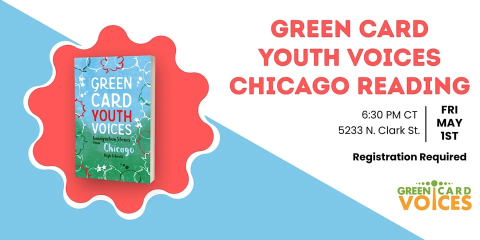 Green Card Youth Voices book alongside event date time and place