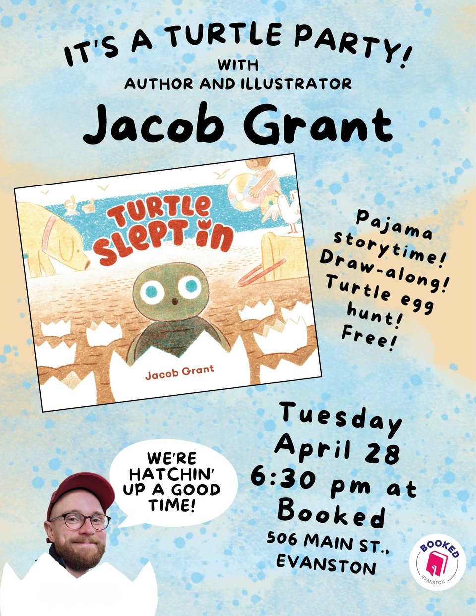 cover art for turtle slept in along with a photo of jacob grant and event details