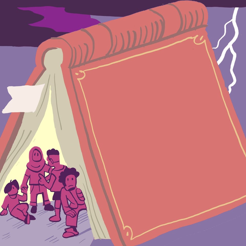 mix of people emerging from under an illustrated book