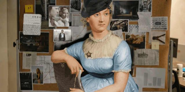 jane austen with a mystery board behind her