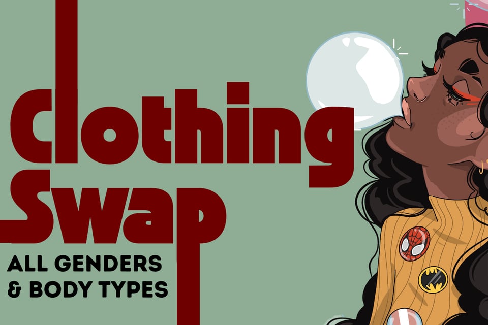 clothing swap and an image of a woman with dark skin blowing a bubble