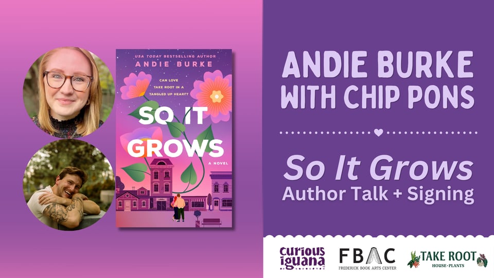 Promotional image for Andie Burke featuring headshots of Andie and Chip and the book cover image for So It Grows.