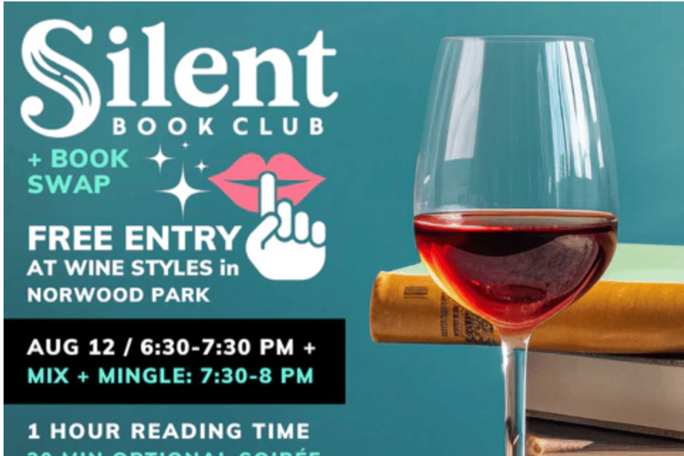 Wine Glass with Books and Silent Book Club Logo