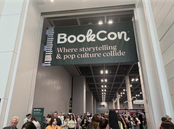 book con signage hanging from ceiling
