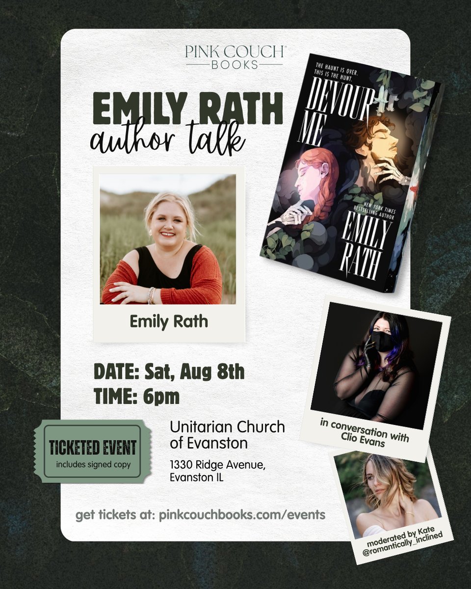 An image with an event invitation with event details and images of Emily Rath, Clio Evans and Kate from Romantically inclined.