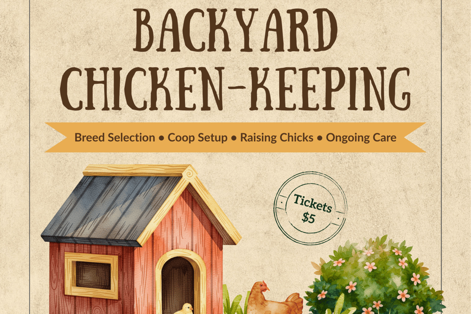 Flyer for Backyard Chicken Keeping event featuring a hen and coop