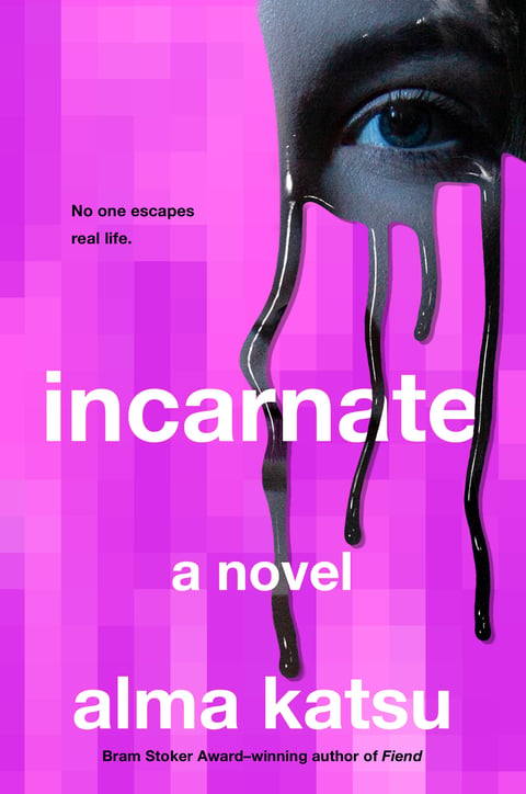 Book cover image for Incarnate, featuring a pink background and a black and white close-up of a woman's eye.