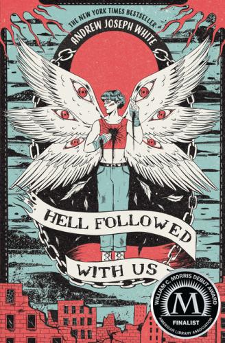 Hell Followed With Us book cover art with dystopian city scene
