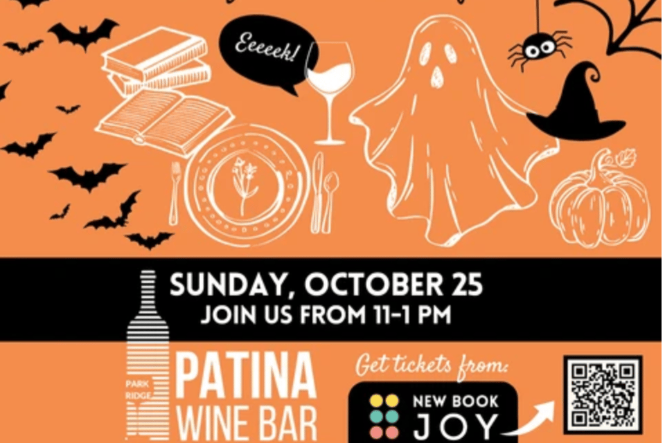 Graphic with halloween images and Patina wine bar logo