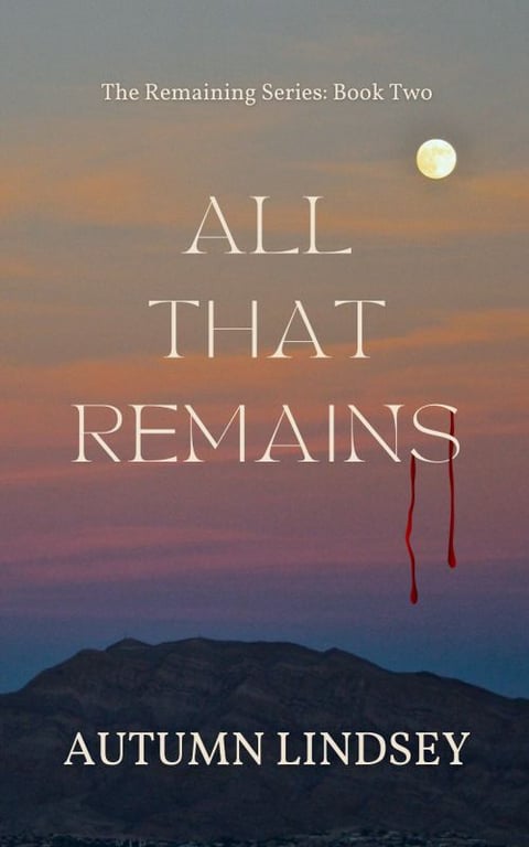 Title leaking blood over a multicolored sky above a hill