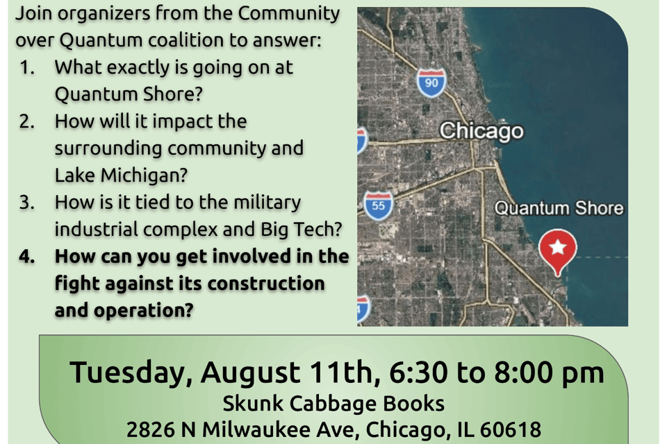 Cropped flyer detailing questions covered by teach-in, along with date and address of the event. The right-side of the flyer has the location of Quantum Shore on a map.