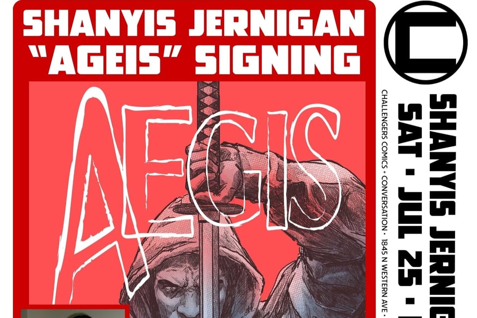 AEGIS comic book logo with a hooded figure holding a sword behind the text.