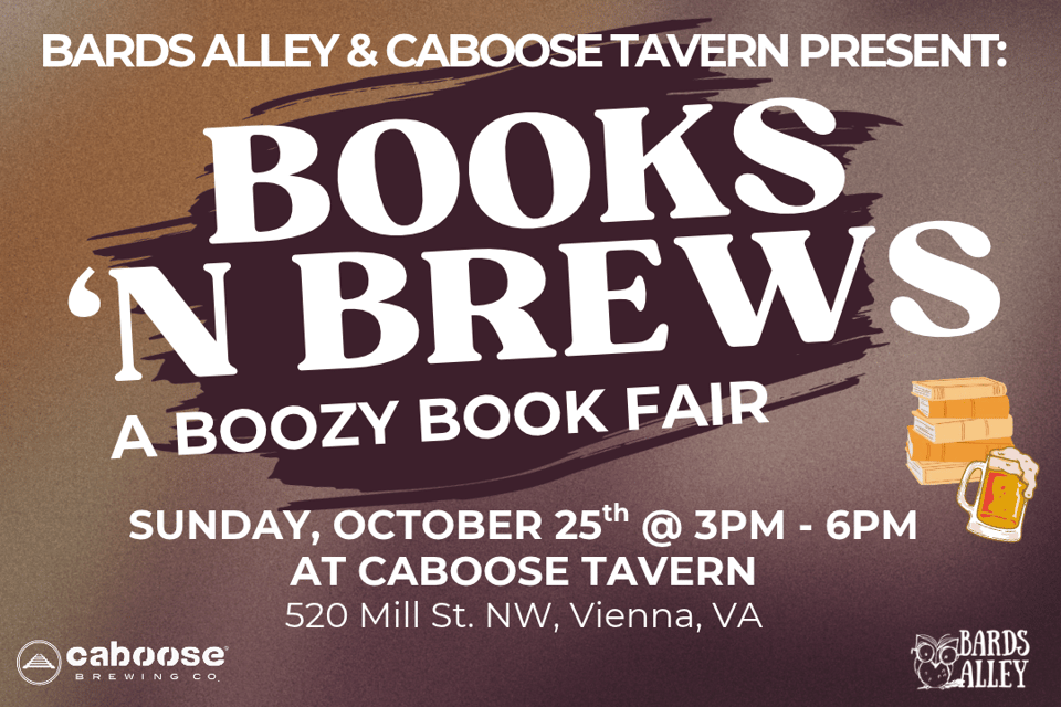 Flyer for Books 'n Brews on Sunday, October 25. 3-6PM at Caboose Tavern at 520 Mill St. NE in Vienna, VA.