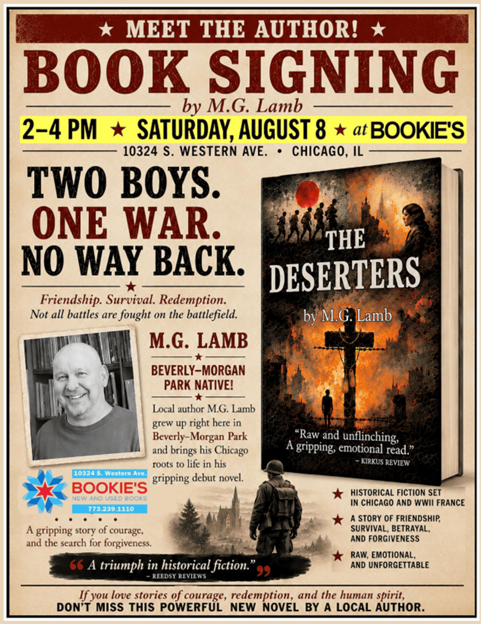 Poster to advertise a book signing with MG Lamb, author of The Deserters