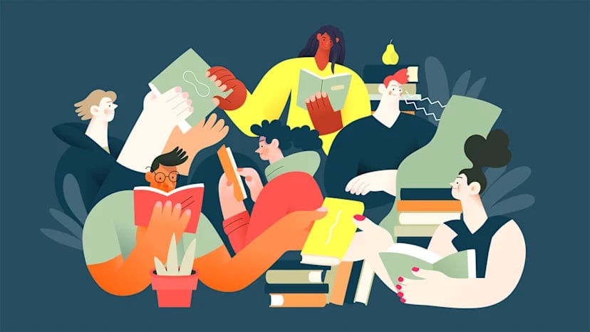 various cartoon humans reading books