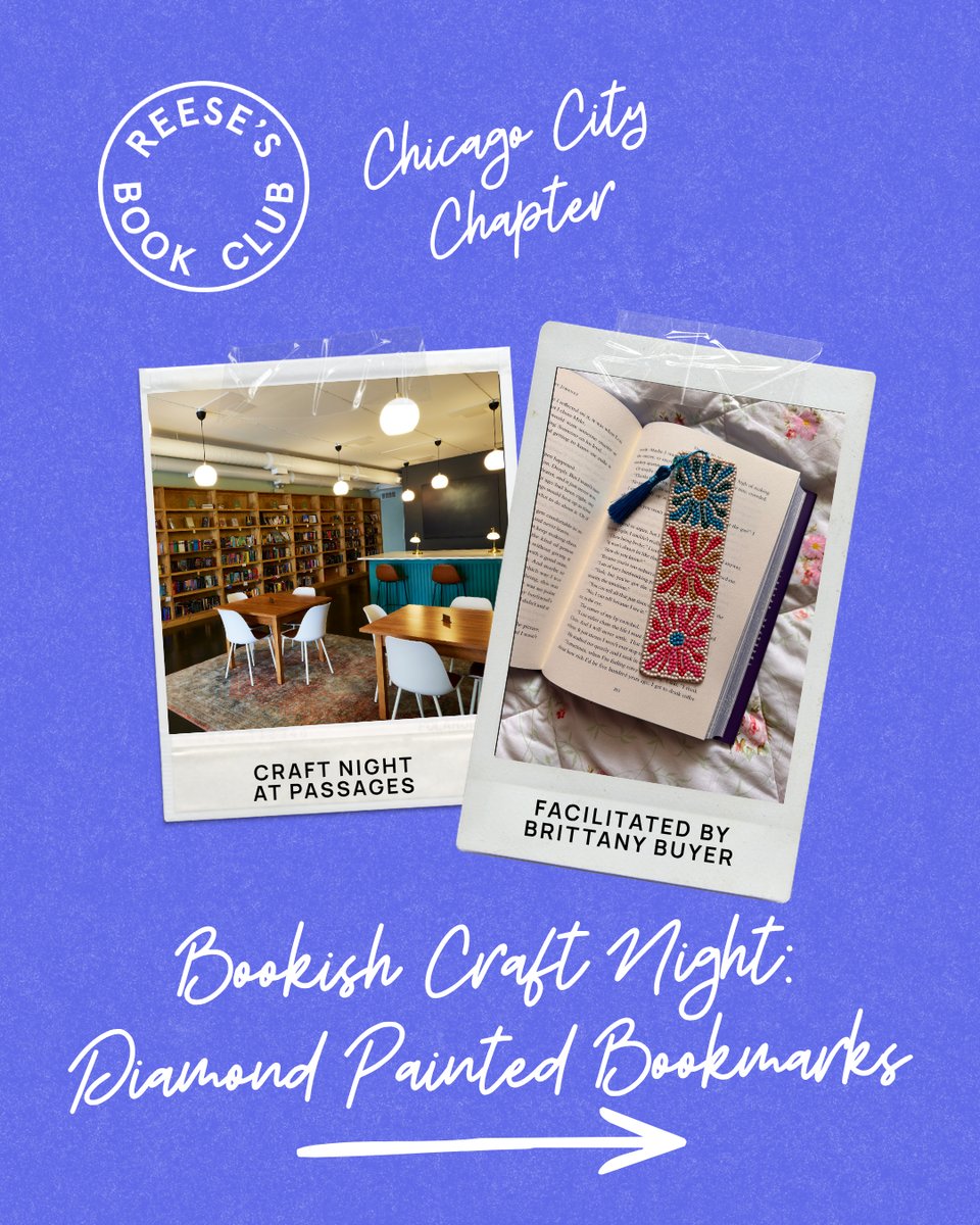two polaroids next to each other with a bright blue background. on the left is the interior of Passages Wine and Books showing tables, chairs, the counter, and a bookshelf with books. the second polaroid is an open book with one bookmark bejeweled with blue and red flowers and a blue tassle