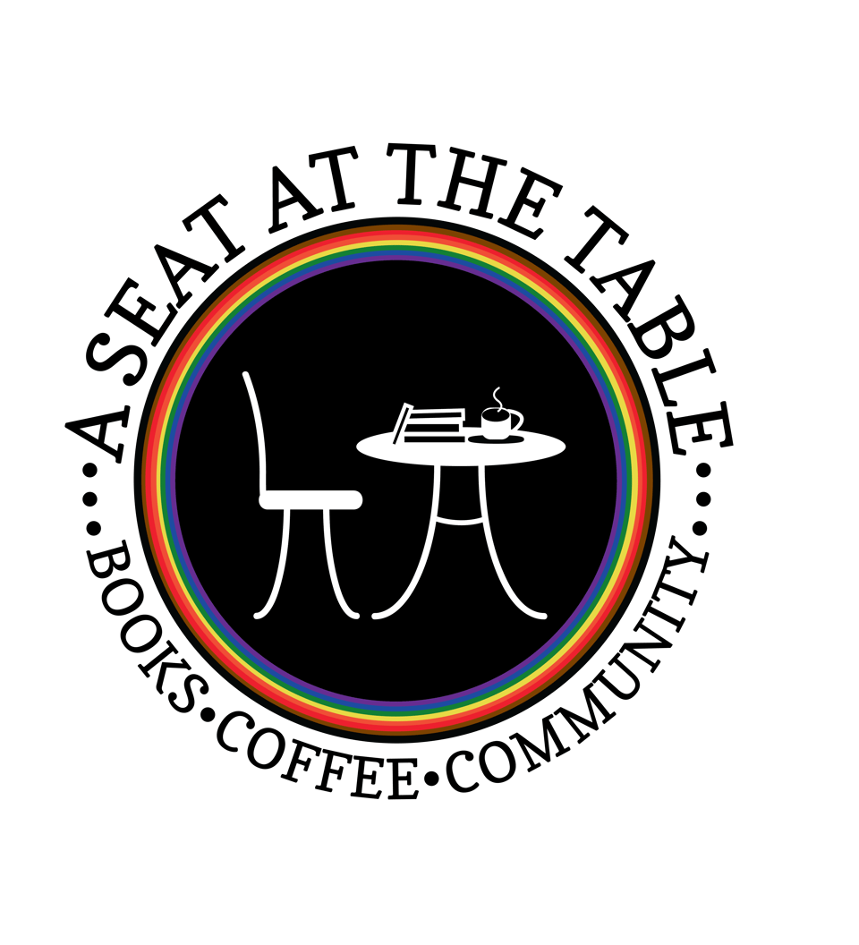Black circle surrounded by thin bands of rainbow colored circles, containing a seat, table, books, and coffee, surrounded by our name