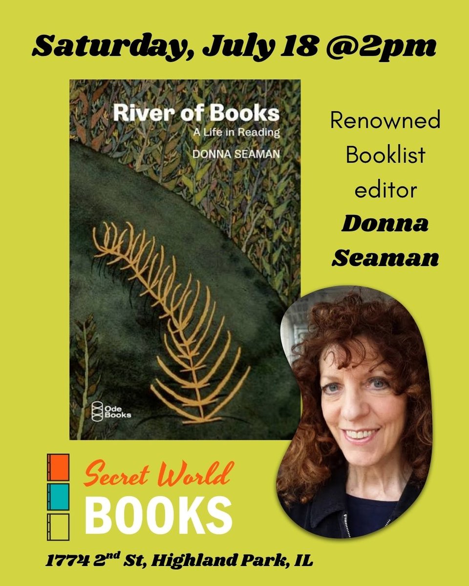 Flyer for Donna Seaman event with book cover of River of Books, with a leaf flowing down a river, and an author photo of Donna Seamn, a white woman with curly auburn hair