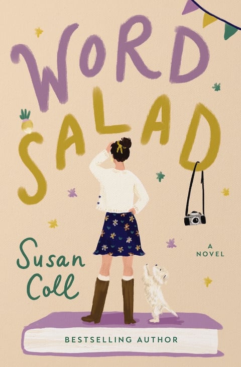 Book cover for Word Salad, featuring a woman with her back turned toward the viewer. There is a white dog trying to get her attention. They both stand on a large purple book, and the title, Word Salad, is written above them.