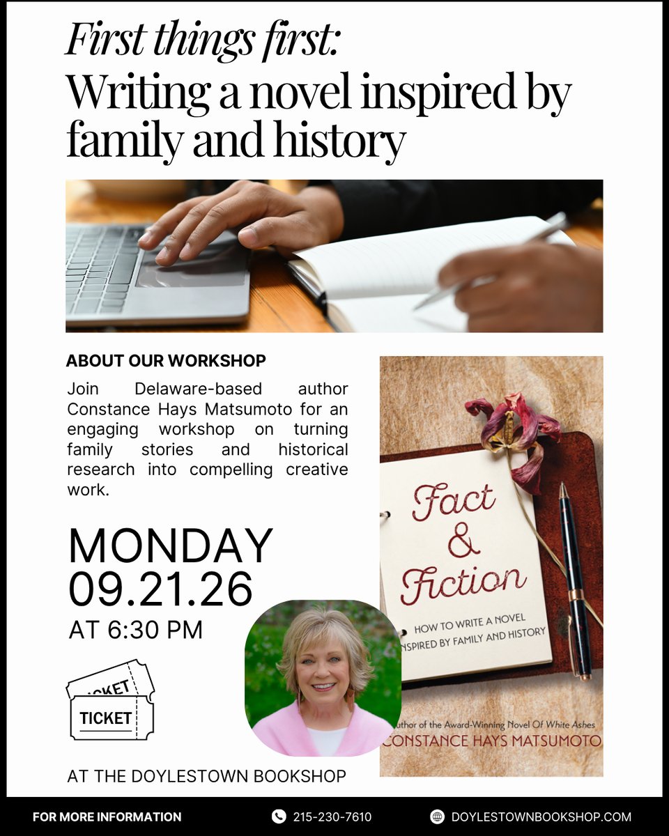information on 9/21 writing workshop with Constance Matsumoto at the Doylestown Bookshop