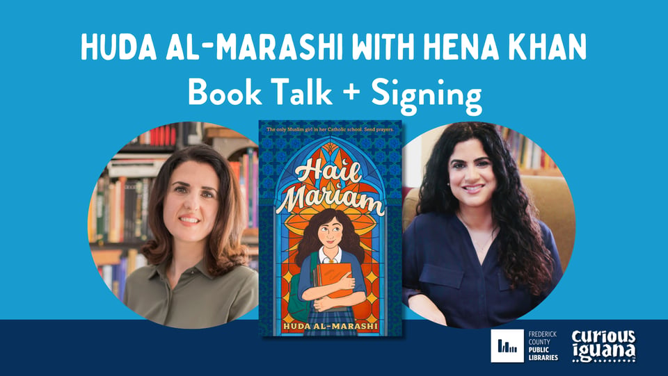 Promotional image for Huda Al-Marashi featuring headshots of the author and moderator and the book cover image.