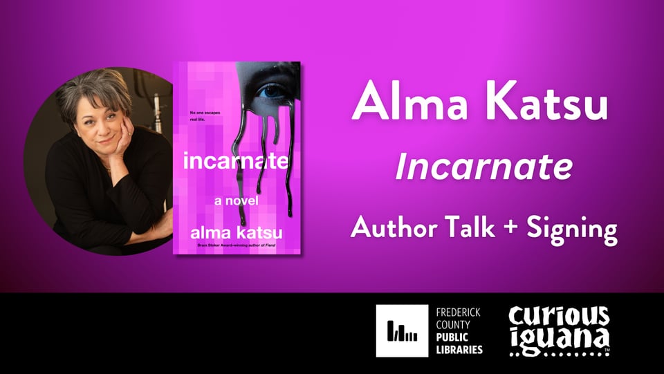 Promotional image for Alma Katsu featuring a headshot of the author and the book cover image.