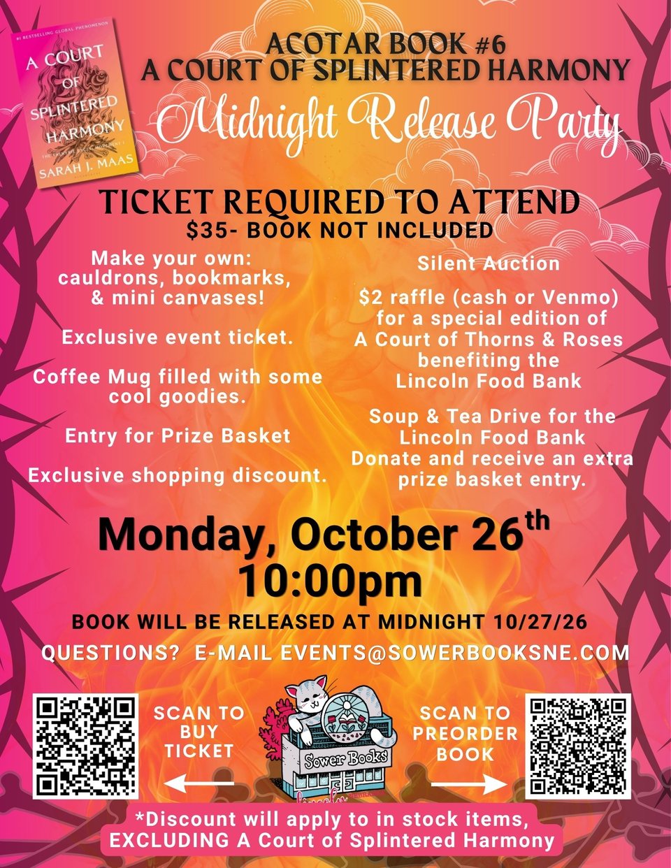 Promotional poster for the A Court of Splintered Harmony midnight release party. Event takes place Monday, October 26 at 10:00 PM, with the book releasing at midnight. The poster features flames, thorny branches, two QR codes for tickets and preorders, and a bookstore logo with a cat. Ticket required: $35.