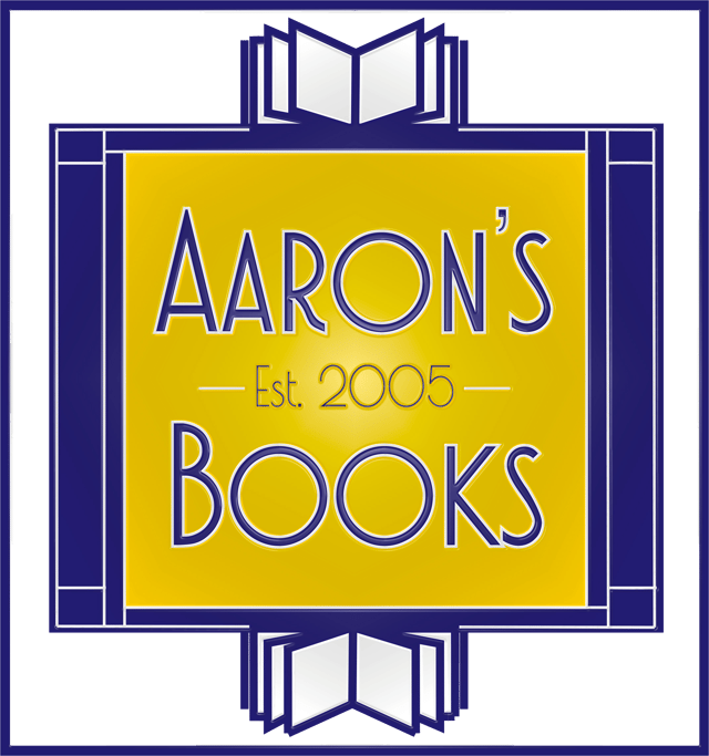 a yellow square with a blue border and the words "Aaron's Books est. 2005"