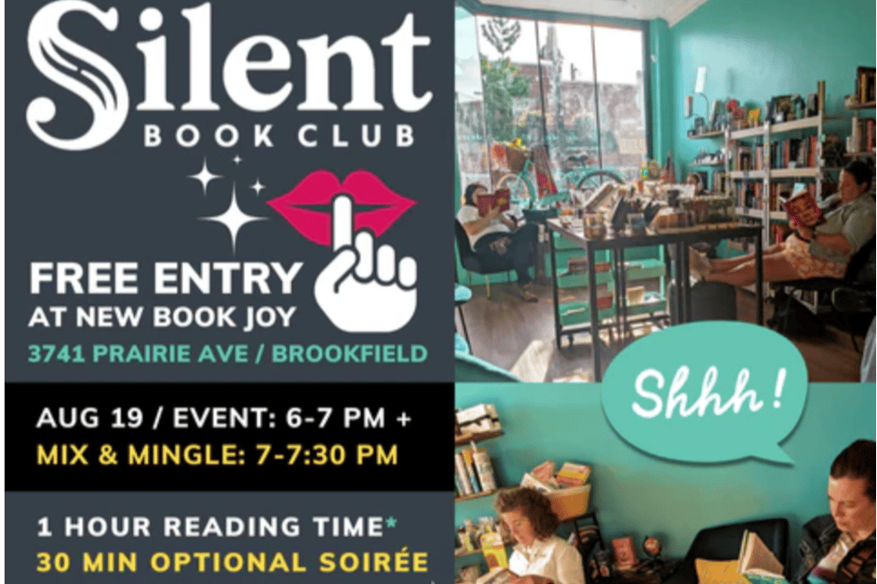 Silent Book Club Logo with Images of Readers at New Book Joy Brookfield