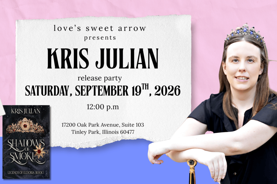 a photo of the author kris julian, a woman with a tiara on her head, leaning on a sword, with a neutral facial expression. there is a photo of her book cover and information about her book signing.