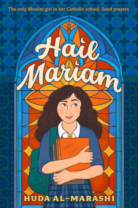 Book cover for Hail Mariam featuring a young girl with brown hair in a school uniform, holding an orange binder and carrying a backpack on her shoulders.
