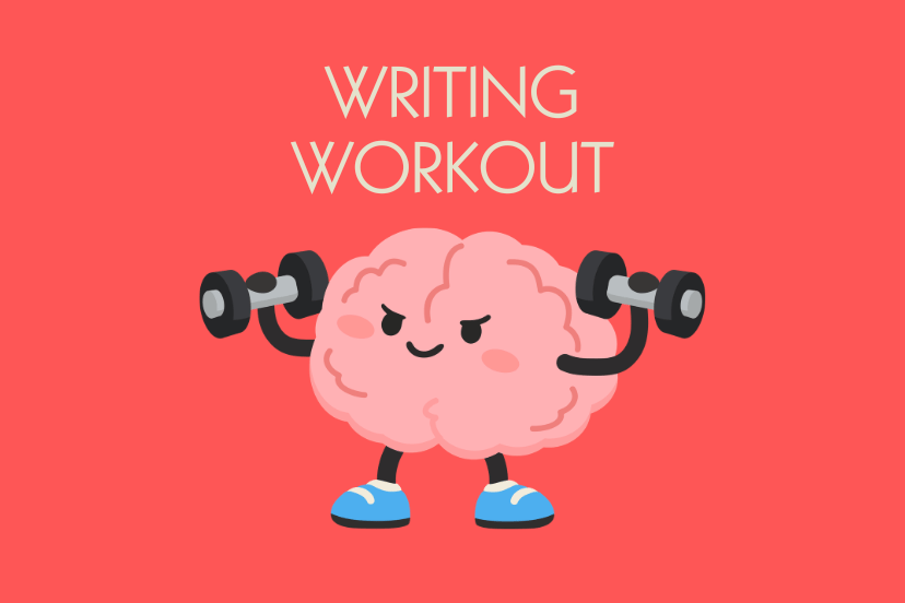 illustration of a brain lifting dumbbells under the words "writing workout"