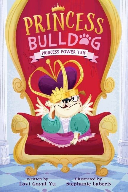 A bulldog with a crown sits on a throne