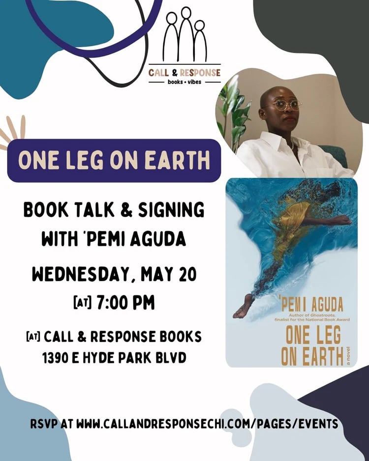author photo of pemi aguda and cover art for one leg on earth